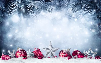 Feliz Natal, 4k, neve, ano novo decora&#231;&#245;es, bolas de natal, Feliz Ano Novo, decora&#231;&#245;es de natal, Concertos de ano novo