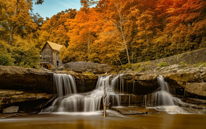 waterfall, autumn, river, autumn landscape, Glade Creek Grist Mill, New River Gorge Bridge, West Virginia, USA