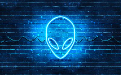 Alienware الشعار الأزرق, 4k, الأزرق brickwall, Alienware شعار, العلامات التجارية, Alienware النيون شعار, Alienware
