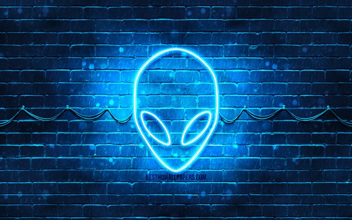 Alienware logo blu, 4k, blu, brickwall, logo Alienware, marche, Alienware neon logo Alienware