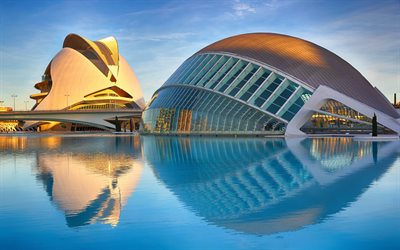 Valencia, City of Arts and Sciences, modern architectural complex, sunset, evening, landmark, Spain