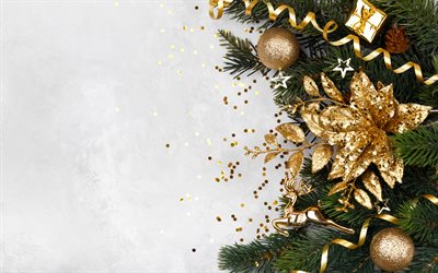 Christmas, Golden Christmas decorations, Happy New Year, Merry Christmas, White background, golden flower, Christmas background