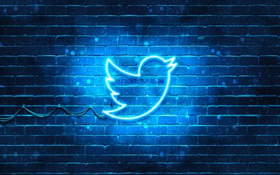 تويتر الأزرق شعار, 4k, الأزرق brickwall, شعار تويتر, العلامات التجارية, تويتر النيون شعار, تويتر