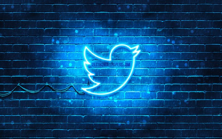 Twitter blue logo, 4k, blue brickwall, Twitter logo, brands, Twitter neon logo, Twitter