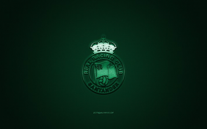 O Racing Santander RC, Clube de futebol espanhol, A Liga 2, logotipo verde, verde de fibra de carbono de fundo, futebol, Santander, Espanha, O Racing Santander RC logotipo