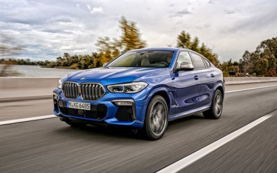 BMW X6, 2020, M50i, blue sports SUV, exterior, front view, new blue X6, German cars, BMW