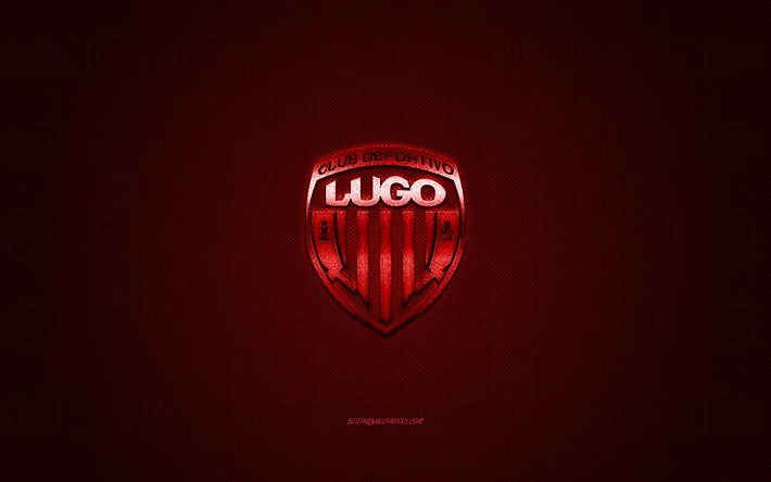 cd lugo in der spanischen fu&#223;ball-club, la liga 2, rotes logo, rote kohlenstoff-faser-hintergrund, fu&#223;ball, lugo, spanien, cd lugo-logo