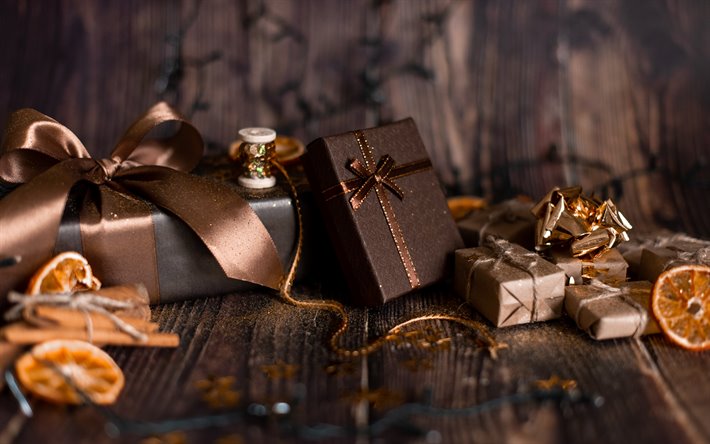 Feliz Natal, Decora&#231;&#245;es, brown caixas de presentes, seda marrom arcos, Feliz Ano Novo, Natal