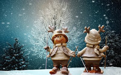 التماثيل المتزلجين, الشتاء, زينة عيد الميلاد, snowdrifts, عيد الميلاد خلفيات, عيد الميلاد المفاهيم, سنة جديدة سعيدة, الخلفية مع التماثيل