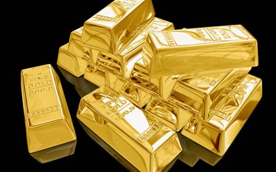 3d barras de Oro, de oro sobre un fondo negro, 3d de oro, lingotes de oro, finanzas conceptos