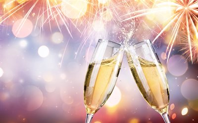 bardak şampanya, havai fişek, 4k, Mutlu Yeni Yıl, parlak ışıklar, Havai Fişekler, şampanya, Mutlu Noeller
