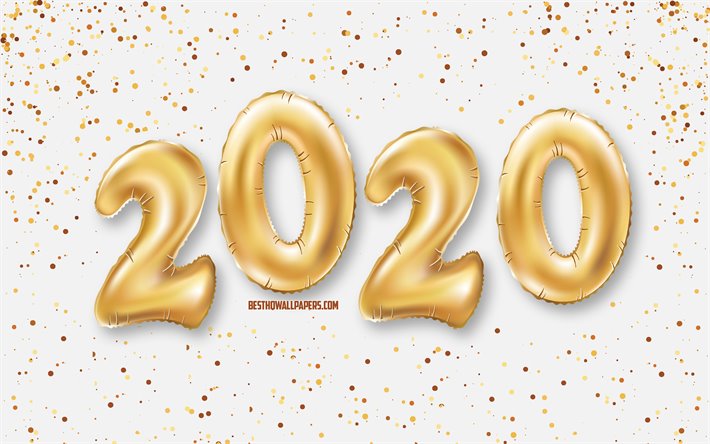 سنة جديدة سعيدة عام 2020, 2020 الخلفية مع البالونات, الذهبي البالونات, 2020 المفاهيم, العام الجديد عام 2020, خلفية بيضاء