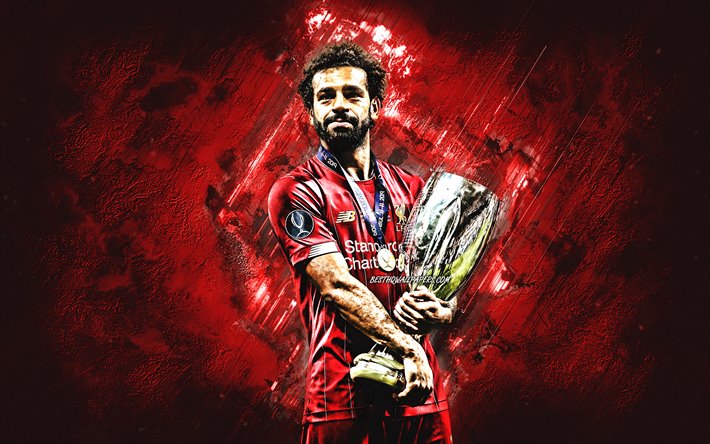 Mohamed Salah, Egyptian soccer player, portrait, Salah with a golden cup, Liverpool FC, red creative background, UEFA Super Cup