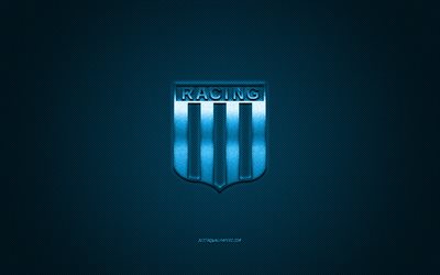 Racing Club, Argentinean football club, Argentine Primera Division, blue logo, blue carbon fiber background, football, Avellaneda, Argentina, Racing Club logo