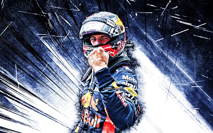 Max Verstappen, fan art, Formula 1, Red Bull Racing 2019, sininen abstrakti-s&#228;teilt&#228;, Aston Martin Red Bull Racing, Max Emilian Verstappen, F1, grunge art, Formula, Red Bull Racing F1, Verstappen