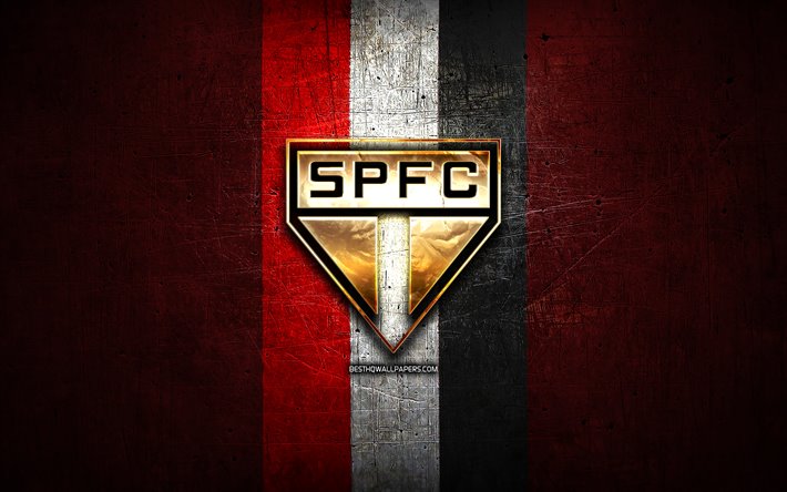 El Sao Paulo FC, de oro del logotipo, de la Serie a, de metal rojo de fondo, el f&#250;tbol, el Sao Paulo de brasil, club de f&#250;tbol, el Sao Paulo FC logo, futbol, Brasil, SPFC