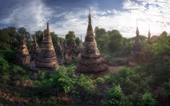 Mandalay, edif&#237;cios antigos, selva, templos antigos, marco, noite, p&#244;r do sol, Mianmar