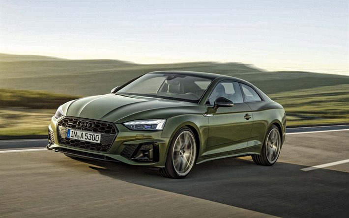 Audi A5 Coupe, a&#241;o 2020, vista de frente, exterior, verde coup&#233;, el nuevo green A5 Coup&#233;, los coches alemanes, el Audi
