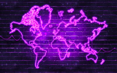 Lila neon v&#228;rldskarta, 4k, violett brickwall, V&#228;rldskarta Koncept, Violett V&#228;rldskarta, V&#228;rlden Maps