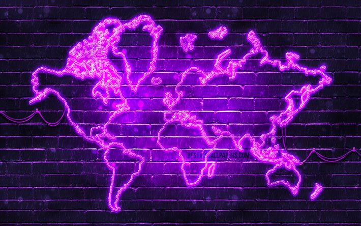 紫色のネオンの世界地図, 4k, 紫brickwall, 世界のマップのコンセプト, 紫世界地図, 世界地図