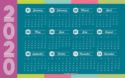 Multicolored 2020 Calendar, 4k, 12 months 2020 calendar, Multicolored abstract background, 2020 concepts, New Year 2020, all months, 2020 calendar