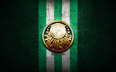 Palmeiras FC, golden logo, Serie A, green metal background, football, SE Palmeiras, brazilian football club, Palmeiras logo, soccer, Brazil