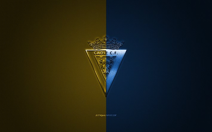 Cadiz CF, Spansk fotbollsklubb, League 2, gul bl&#229; logo, gul bl&#229; kolfiber bakgrund, fotboll, Cadiz, Spanien, Cadiz JFR logotyp