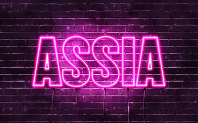 Assia, 4k, isimleri ile duvar kağıtları, kadın isimleri, Assia adı, mor neon ışıkları, Happy Birthday Assia, pop&#252;ler Fransız kadın isimleri, Assia adı ile resim