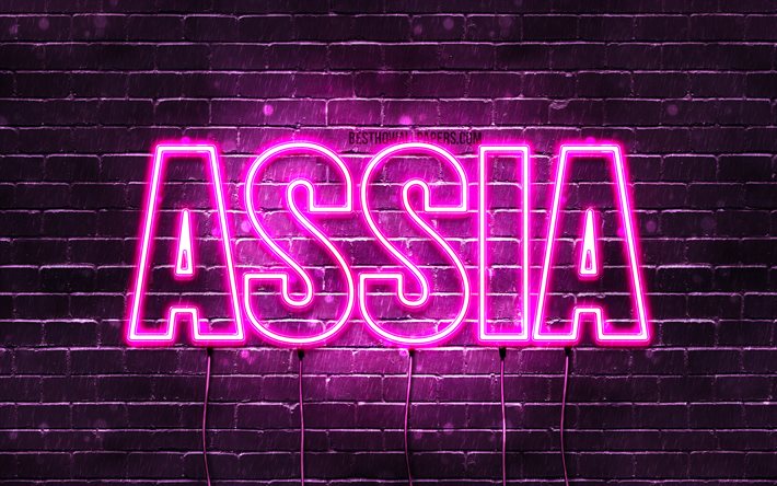 Assia, 4k, bakgrundsbilder med namn, kvinnliga namn, Assia namn, lila neonljus, Grattis p&#229; f&#246;delsedagen Assia, popul&#228;ra franska kvinnliga namn, bild med Assia namn