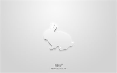 رمز الأرنب 3d, خلفية بيضاء, رموز ثلاثية الأبعاد, أرنب, الفن الإبداعي 3D, أيقونات ثلاثية الأبعاد, علامة الأرنب, أيقونات حيوانات ثلاثية الأبعاد