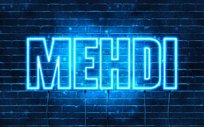 Mehdi, 4k, taustakuvat, joissa on nimet, Mehdi-nimi, siniset neonvalot, Hyv&#228;&#228; syntym&#228;p&#228;iv&#228;&#228; Mehdi, suositut ranskalaiset miesnimet, kuva Mehdi-nimell&#228;