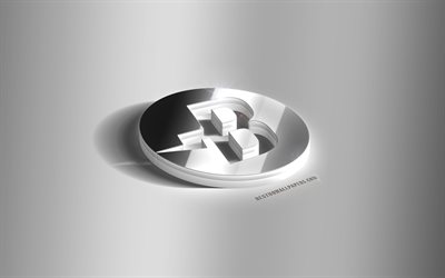 Burstcoin 3D silver logo, Burstcoin, cryptocurrency, gray background, Burstcoin logo, Burstcoin 3D emblem, metal Burstcoin 3D logo