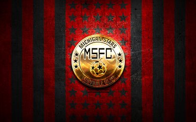 Michigan Stars flag, NISA, red black metal background, american soccer club, Michigan Stars logo, USA, soccer, Michigan Stars FC, golden logo