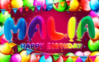 Feliz Anivers&#225;rio Malia, 4k, quadro de bal&#227;o colorido, nome Malia, fundo roxo, Malia Feliz Anivers&#225;rio, Malia Birthday, nomes femininos populares americanos, conceito de anivers&#225;rio, Malia