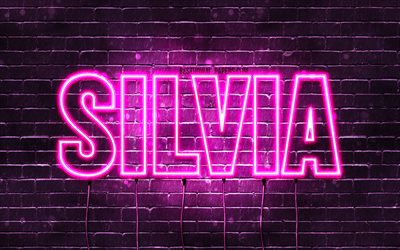 Silvia, 4k, isimleri ile duvar kağıtları, kadın isimleri, Silvia adı, mor neon ışıkları, Happy Birthday Silvia, pop&#252;ler İspanyol kadın isimleri, Silvia adı ile resim