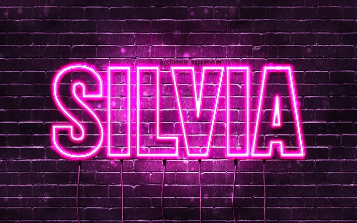 Silvia, 4k, bakgrundsbilder med namn, kvinnliga namn, Silvia namn, lila neonljus, Grattis p&#229; f&#246;delsedagen Silvia, popul&#228;ra spanska kvinnliga namn, bild med Silvia namn