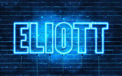 Eliott, 4k, fonds d’&#233;cran avec des noms, nom Eliott, n&#233;ons bleus, Happy Birthday Eliott, populaire fran&#231;ais noms masculins, photo avec le nom Eliott
