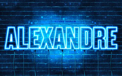 Alexandre, 4k, fonds d&#39;&#233;cran avec des noms, nom d&#39;Alexandre, n&#233;ons bleus, joyeux anniversaire Alexandre, noms masculins fran&#231;ais populaires, photo avec le nom d&#39;Alexandre