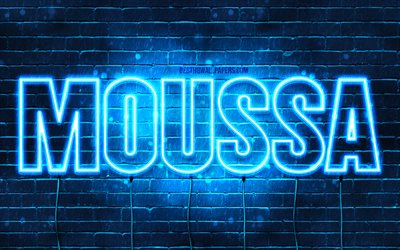 Moussa, 4k, pap&#233;is de parede com nomes, nome de Moussa, luzes de n&#233;on azuis, feliz anivers&#225;rio Moussa, nomes masculinos franceses populares, foto com o nome de Moussa