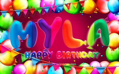 Mutlu Yıllar Myla, 4k, renkli balon &#231;er&#231;eve, Myla adı, mor arka plan, Myla Mutlu Yıllar, Myla Doğum G&#252;n&#252;, pop&#252;ler amerikan kadın isimleri, Doğum g&#252;n&#252; konsepti, Myla