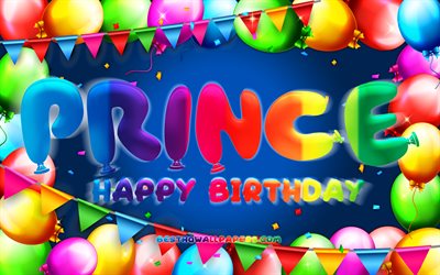 Happy Birthday Prince, 4k, colorful balloon frame, Prince name, blue background, Prince Happy Birthday, Prince Birthday, popular american male names, Birthday concept, Prince
