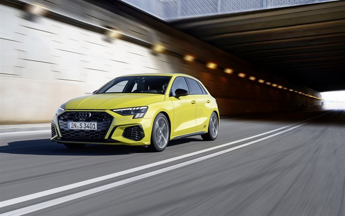 Audi S3, 2021, keltainen viistoper&#228;, ulkopuoli, uusi keltainen S3, saksalaiset autot, Audi