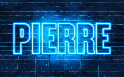 Pierre, 4k, bakgrundsbilder med namn, Pierre-namn, bl&#229; neonljus, Grattis p&#229; f&#246;delsedagen Pierre, popul&#228;ra franska manliga namn, bild med Pierre-namn