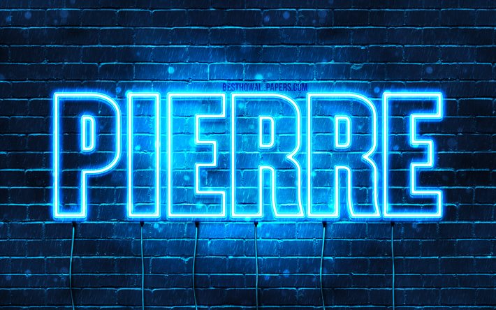 Pierre, 4k, pap&#233;is de parede com nomes, nome de Pierre, luzes de n&#233;on azuis, feliz anivers&#225;rio Pierre, nomes masculinos franceses populares, foto com o nome de Pierre
