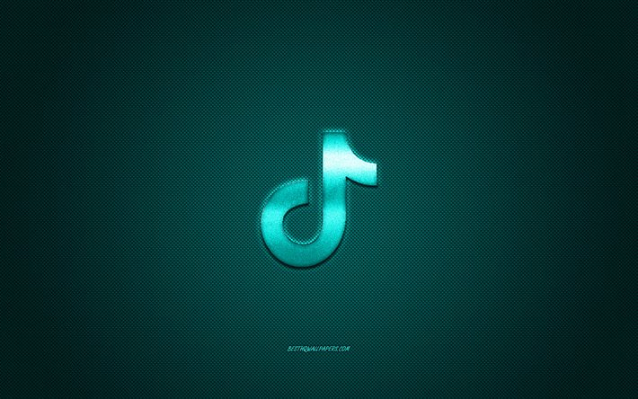 Tik Tok, social media, Tik Tok turquoise logo, turquoise carbon fiber background, Tik Tok logo, Tik Tok emblem
