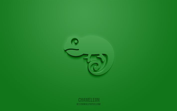 Kameleont 3d ikon, gr&#246;n bakgrund, 3d symboler, kameleont, kreativ 3d konst, 3d ikoner, kameleont tecken, djur 3d ikoner