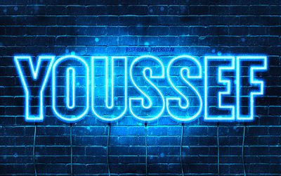 Youssef, 4k, wallpapers with names, Youssef name, blue neon lights, Happy Birthday Youssef, popular french male names, picture with Youssef name