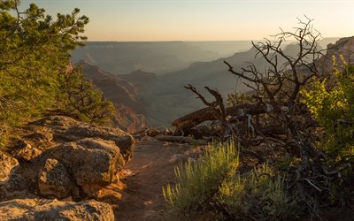 Grand Canyon, 4k, auringonlasku, kivet, Arizona, kaunis luonto, USA, Amerikka, kanjoni, amerikkalaiset maamerkit