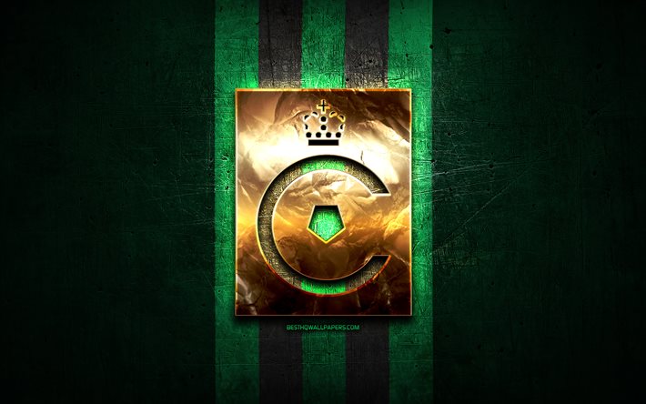 Cercle Brugge FC, golden logo, Jupiler Pro League, green metal background, football, belgian football club, Cercle Brugge logo, soccer, Cercle Brugge KSV
