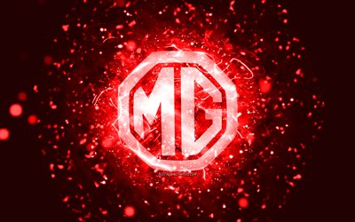 MG red logo, 4k, red neon lights, creative, red abstract background, MG logo, cars brands, MG